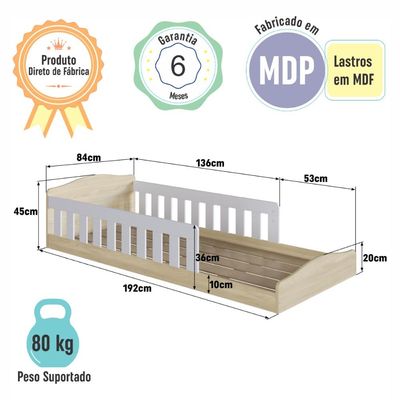 Cama de Chão Montessoriana Solteiro Encanto Carvalho com Branco Completa Móveis