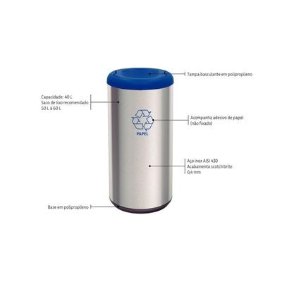 Lixeira Inox Tramontina Piemonte 40 Litros Acetinado Tampa Basculante Azul em Polipropileno