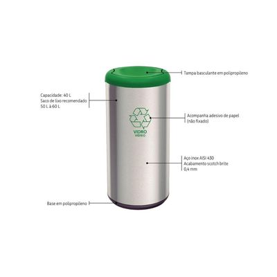 Lixeira Inox Tramontina Piemonte 40 Litros Acetinado Tampa Basculante Verde