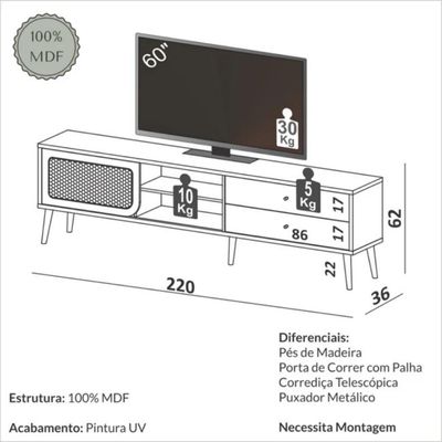 Rack para TV 220cm Até 60 Polegadas 2 Gavetas 1 Porta Curve Carvalho Rosé Dalla Costa