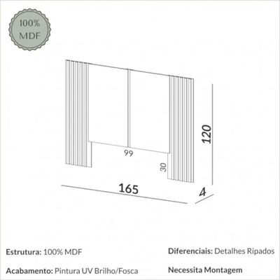 Cabeceira Solteiro 165x120cm em MDF Off White Freijó Dalla Costa