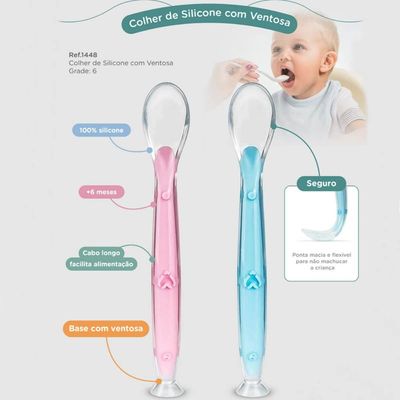 Colher de Silicone para Bebê 6m+ com Ventosa Treinamento Intrudução Alimentar Menino Azul Azul