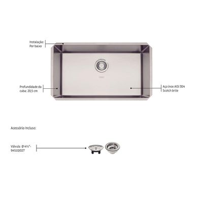 Cuba de Embutir Quadrum 70 U Tramontina 70 x 40 x 20 cm em Aço Inox Acetinado Outlet