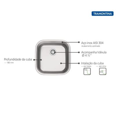 Cuba Tramontina Aria Maxi 40 BS Prime em Aço Inox Acetinado 40 x 40 x 20 cm com Válvula