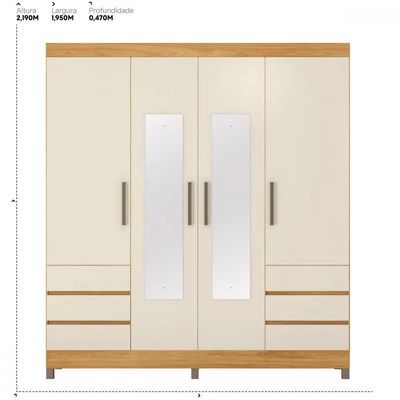 Guarda-Roupa Casal Mônaco Demóbile 4 Portas 6 Gavetas com Espelho e Pés PVC Cinamomo/Off White