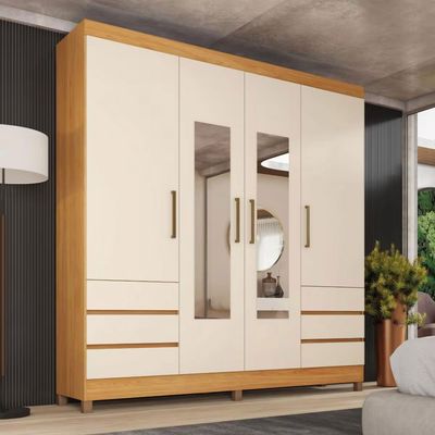 Guarda-Roupa Casal Mônaco Demóbile 4 Portas 6 Gavetas com Espelho e Pés PVC Cinamomo/Off White