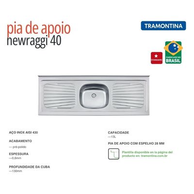 Pia de Apoio Cozinha Tramontina 150x52 cm New Raggi 40 Aço Inox
