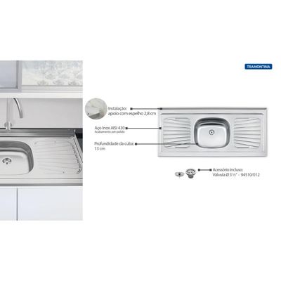 Pia de Apoio Tramontina New Raggi 40 em Aço Inox 120 x 52 cm