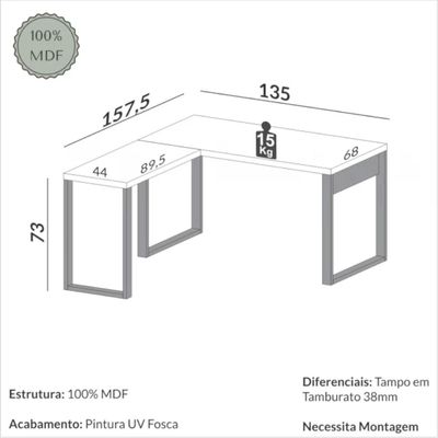 Mesa para Escritório de Canto 135x158 cm em MDF F22 Freijó/Preto Fosco Pradel Dalla Costa