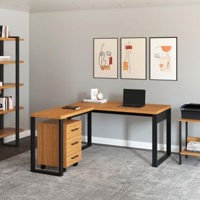 Mesa para Escritório de Canto 135x158 cm em MDF F22 Freijó/Preto Fosco Pradel Dalla Costa