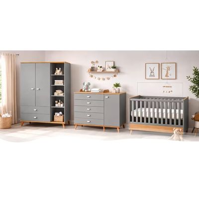 Conjunto Quarto Infantil Ternura Cômoda 5 Gavetas Berço 2 em 1 Guarda-Roupa 2 Portas Colchão Herval Espuma D18 Bartira Azul Wood