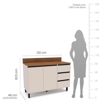 Balcão Politorno Koya 120cm 2 Portas 3 Gavetas 1 Prateleira Creme