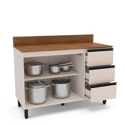 Balcão Politorno Koya 120cm 2 Portas 3 Gavetas 1 Prateleira Creme