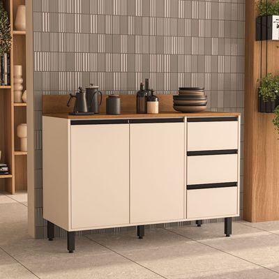 Balcão Politorno Koya 120cm 2 Portas 3 Gavetas 1 Prateleira Creme