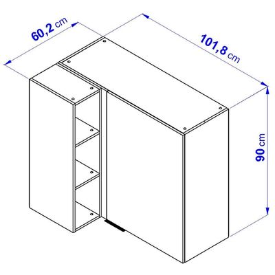 Armário Aéreo de Canto Cristal MDP 15mm com 1 Porta e 2 Prateleiras 101,8cm de largura Bartira Lâmina de Mel/Azul Royal