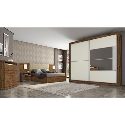 Guarda-Roupa Casal Móveis Europa Londres Flex com Espelho, 2 Portas de Correr e 4 Gavetas Brauna e Off white