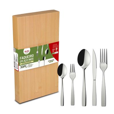 Faqueiro Strauss Flat FQM30F 30 Peças Aço Inox Cabo Decorado Serve 6 Pessoas Euro Home Inox