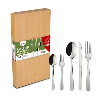 Faqueiro Strauss Flat FQM30F 30 Peças Aço Inox Cabo Decorado Serve 6 Pessoas Euro Home Inox