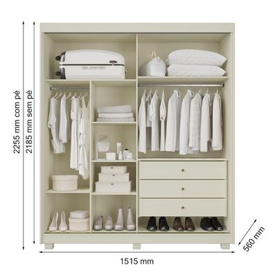 Guarda-Roupa Solteiro Lumi 2 Portas de Correr com Espelho 3 Gavetas Móveis Europa Off White/Peroba