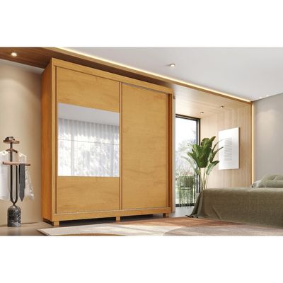 Guarda-Roupa Solteiro Lumi 2 Portas de Correr com Espelho 3 Gavetas Móveis Europa Peroba/Off White