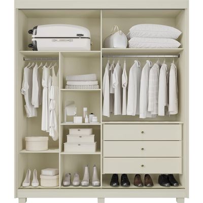 Guarda-Roupa Solteiro Lumi 2 Portas de Correr com Espelho 3 Gavetas Móveis Europa Off White/Peroba