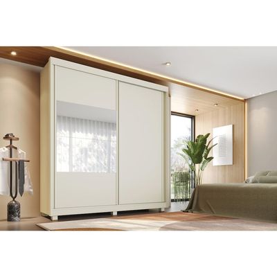 Guarda-Roupa Solteiro Lumi 2 Portas de Correr com Espelho 3 Gavetas Móveis Europa Off White/Peroba