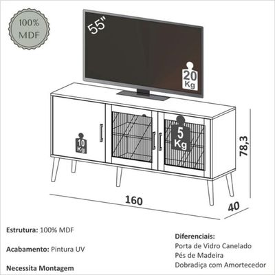 Rack Madrid 160cm 2 Portas Vidro Canelado Carvalho Rosé Dalla Costa