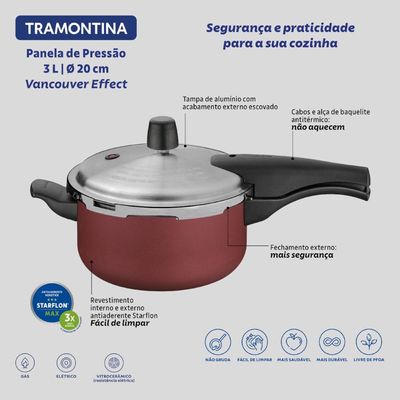 Panela de Pressão Tramontina Vancouver Alumínio Antiaderente Starflon Max Vermelho 20cm 3L