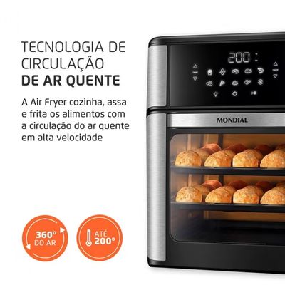 Fritadeira Elétrica Sem Óleo Air Fryer Oven 2 em 1 Mondial AFON-12L-BI 12L Digital Preto com Inox / 220V