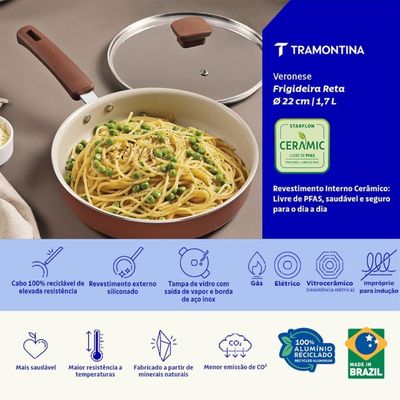 Frigideira Reta Tramontina Veronese Alumínio e Cerâmica Argila com Tampa 22cm 1,7 L