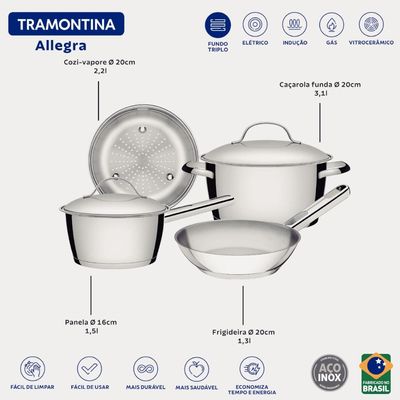 Jogo de Panelas Tramontina Allegra Aço Inox Fundo Triplo 4 Peças