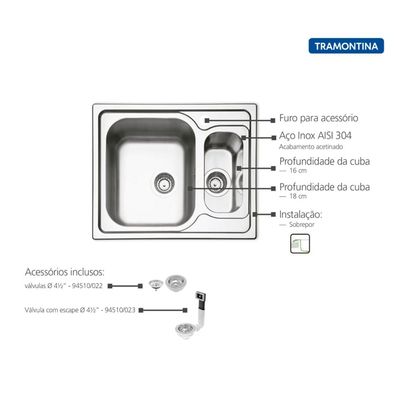 Cuba de Sobrepor Tramontina Marea 1.5 C 34 R em Aço Inox Acetinado com Válvula 62 x 50 cm