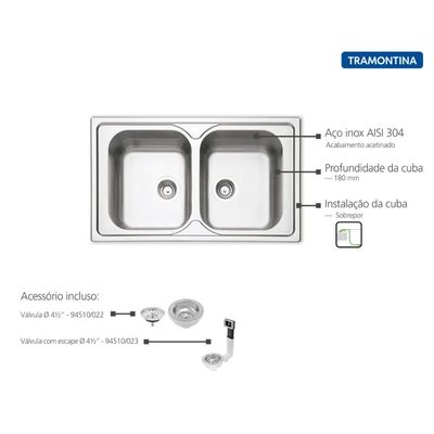 Cuba de Sobrepor Tramontina Marea 2C 34 em Aço Inox Acetinado e Válvula 86 x 50 cm com 2 Cubas