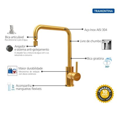Misturador Monocomando Tramontina Angolare em Aço Inox Gold com Bica Articulada com revestimento PVD