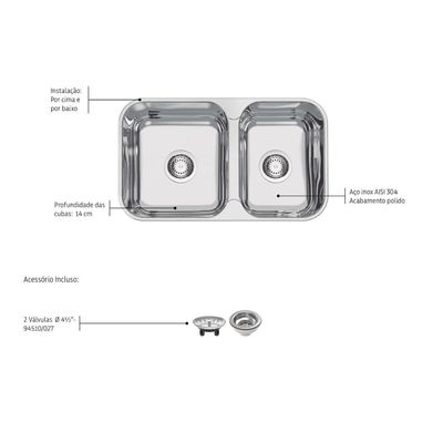 Cuba Dupla Tramontina Isis Aço Inox Polido 69x40 cm Outlet