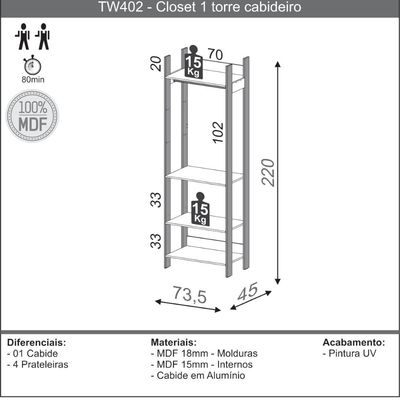 Closet em MDF Freijó com Preto Fosco 73 x 220 cm 4 Prateleiras 1 Cabideiro tw402 Dalla Costa