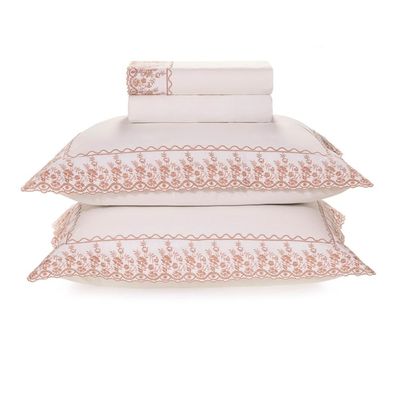 Jogo de Cama Queen 200 Fios Karsten Bordado Antônia Branco Rosa Queen / Branco
