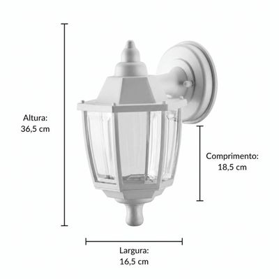 Arandela Luminária Fechada Branca Parede 36,5cm E27 Dital Bivolt Heritage Externo Interno Jardim Muro