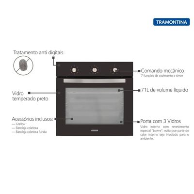 Forno Elétrico de Embutir Tramontina New Glass Cook Preto 7 Funções 71L 94867220 220 V