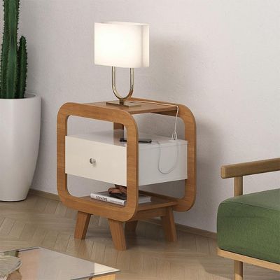 Mesa de Cabeceira Theo com USB 1 Gaveta Off White e Cinamomo