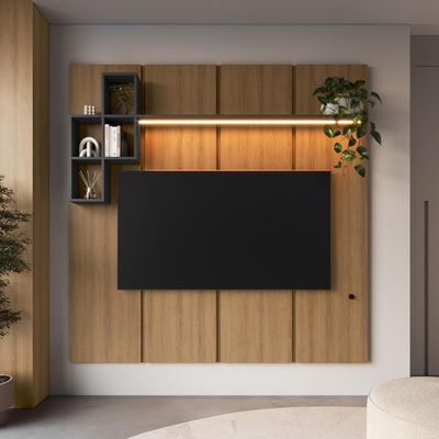 Painel para TV até 55 Polegadas 180cm com Nichos Decorativos e Iluminação em LED Nexus Mel/Grafite