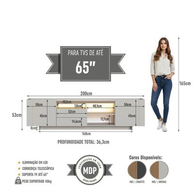 Rack para TV até 65 Polegadas 200cm com Nichos 2 gavetas e Iluminação em LED Monaco Mel/Arenas