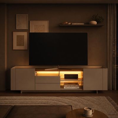Rack para TV até 65 Polegadas 200cm com Nichos 2 gavetas e Iluminação em LED Monaco Mel/Arenas