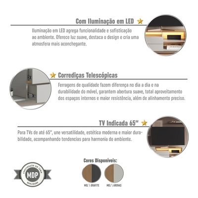 Rack para TV até 65 Polegadas 200cm com Nichos 2 gavetas e Iluminação em LED Monaco Mel/Arenas