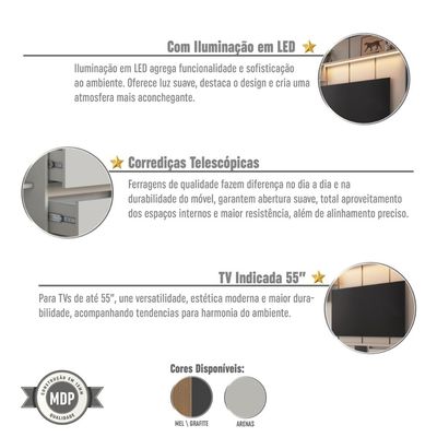 Rack Painel para Tv até 55 Polegadas 180cm com Nichos Gavetas Porta e Iluminação em LED Linea Arenas
