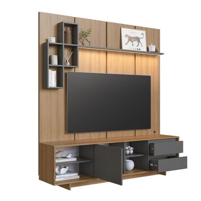 Rack Painel para Tv até 55 Polegadas 180cm com Nichos Gavetas Porta e Iluminação em LED Linea Mel/Grafite