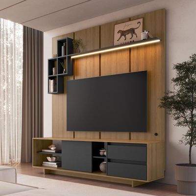 Rack Painel para Tv até 55 Polegadas 180cm com Nichos Gavetas Porta e Iluminação em LED Linea Mel/Grafite