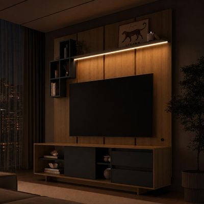 Rack Painel para Tv até 55 Polegadas 180cm com Nichos Gavetas Porta e Iluminação em LED Linea Mel/Grafite