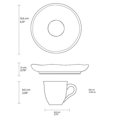 Jogo 6 Xícaras Café 120ml com Pires Bio Bananê Porto Brasil Cerâmica Branca com Folhagens