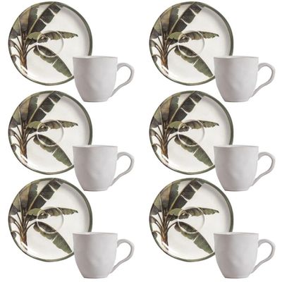 Jogo 6 Xícaras Café 120ml com Pires Bio Bananê Porto Brasil Cerâmica Branca com Folhagens
